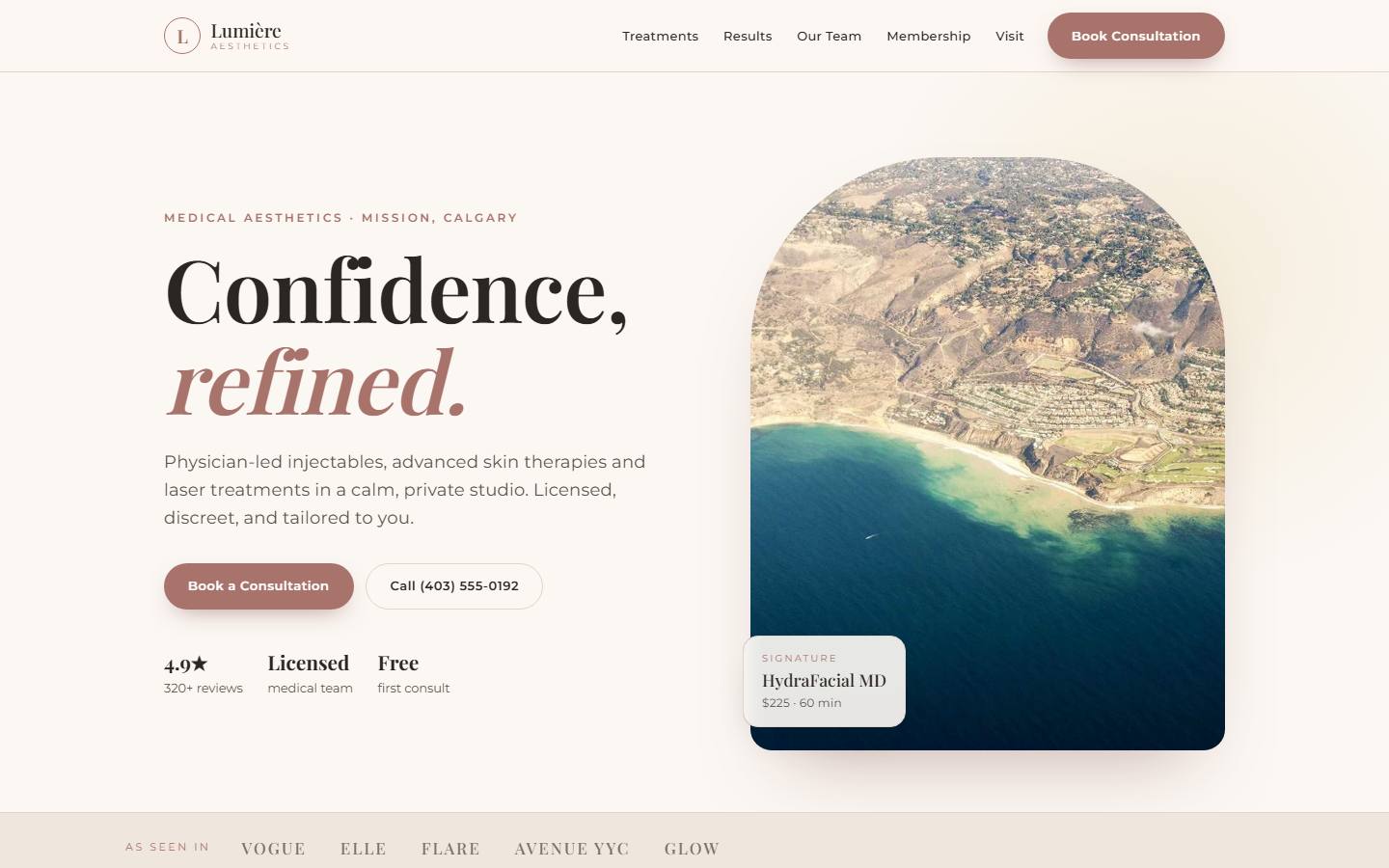 Example website for Lumière Aesthetics
