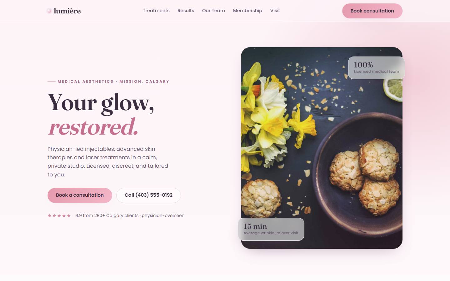 Example website for Lumière Aesthetics