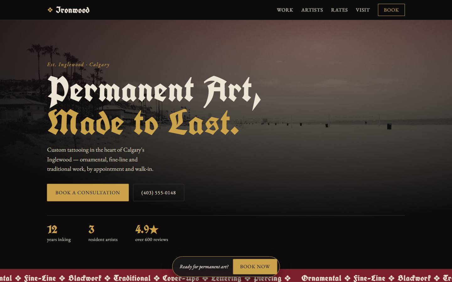 Example website for Ironwood Tattoo Co.