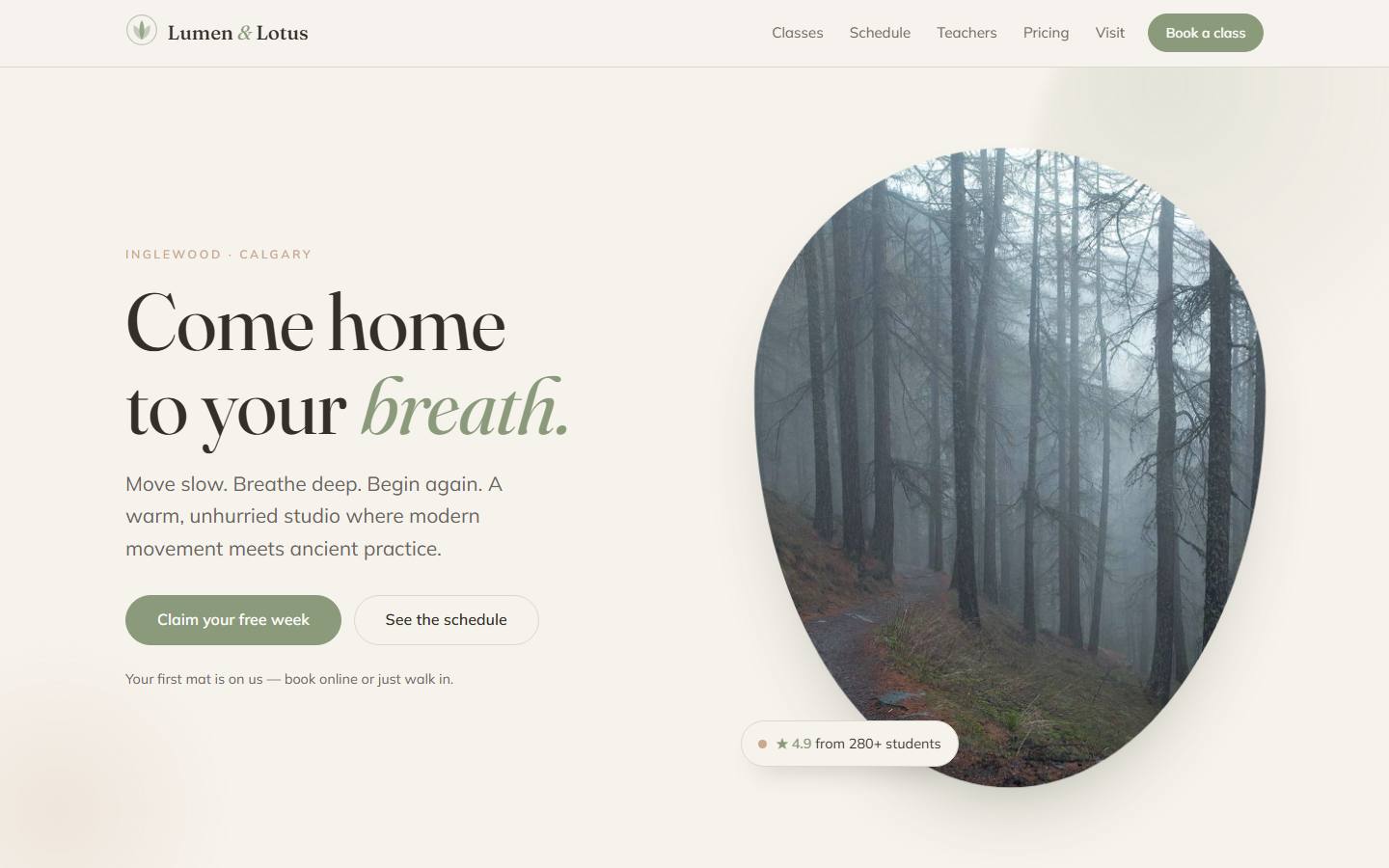 Example website for Lumen & Lotus Yoga