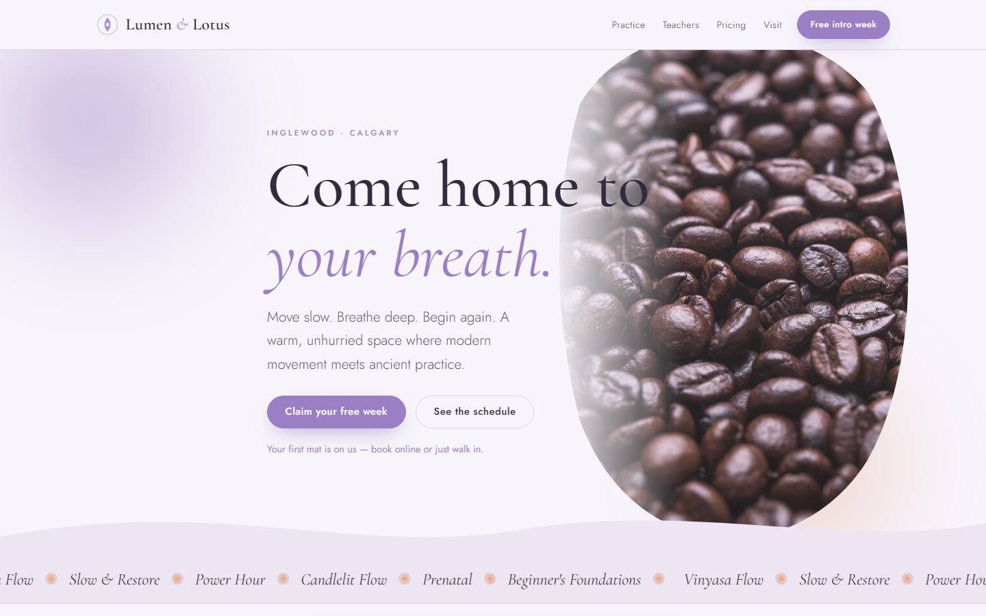 Example website for Lumen & Lotus Yoga